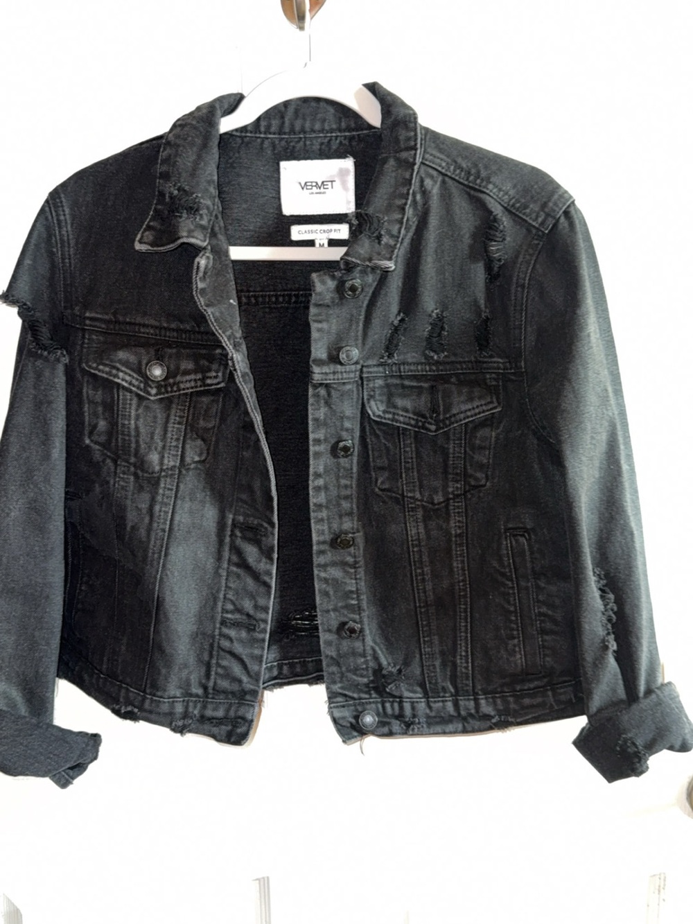 Vervet Classic Crop Distressed Black Denim Jacket